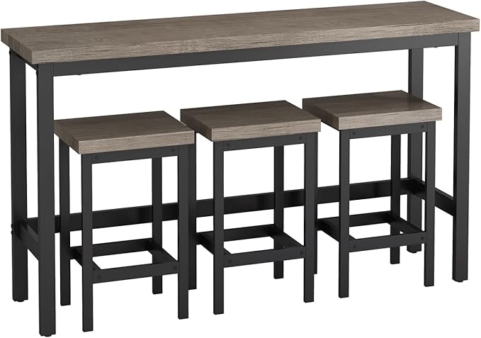 KEIKI 60.24” Long Bar High Top Dining Table and 3 Stools Chairs Set, Wood Behind Couch Sofa Counter Height Pub Furniture for Breakfast, Kitchen Living Party Room, Brown Grey