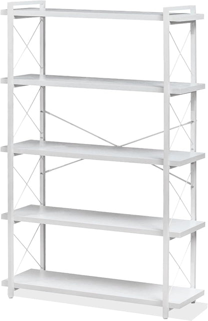 HCHQHS Bookshelf, 5-Tier Industrial Bookcase, White Open Book Shelf, Freestanding Tall Bookshelves with Metal Frame