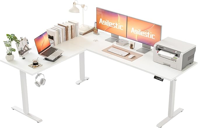 Agilestic L-Shaped Standing Desk Adjustable Height, Electric Corner Standing Desk, Sit Stand Up, 75x61 inch Sit Stand Computer Table, White