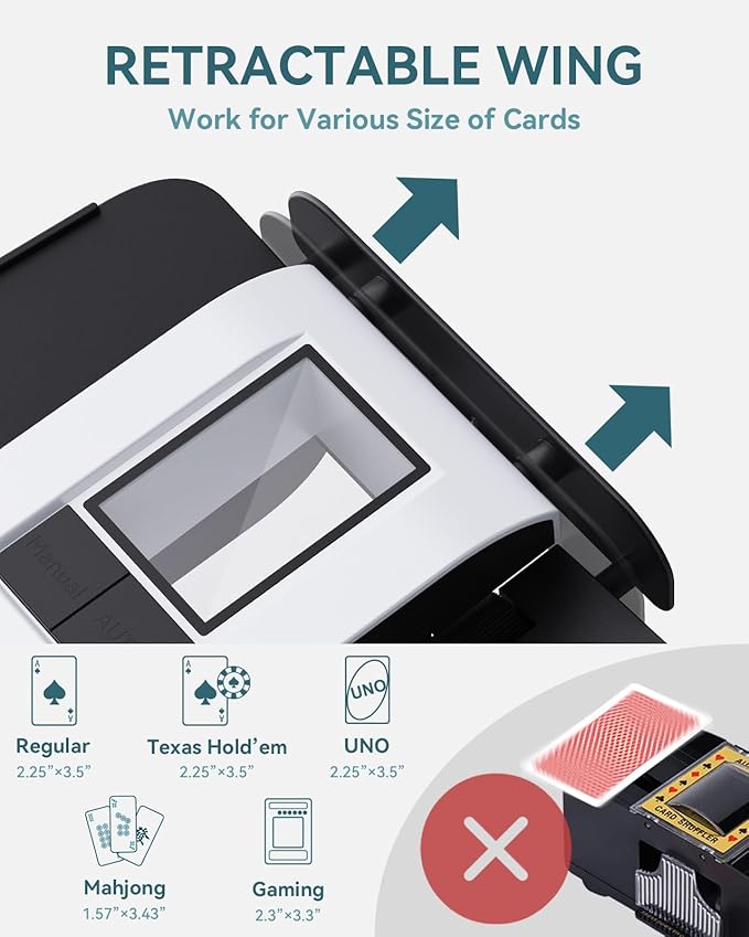 Automatic Card Shuffler - One-Press AUTO & Manual Mode, Electric Shuffling Machine for 1-2 Decks, Low Noise, Rechargeable & Portable Shuffler Machine for Poker, UNO, Blackjack, Skip-Bo, Phase 10