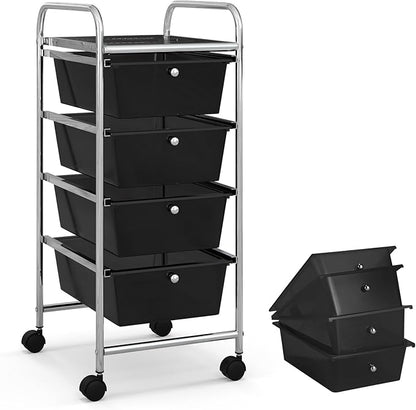 COSTWAY Rolling Storage Cart with 4 Drawers, Plastic Storage Cart and Organizer w/ 4 Removable Drawers, Multipurpose Organizer Cart for Home Scrapbook Paper Office School Tools (Black)