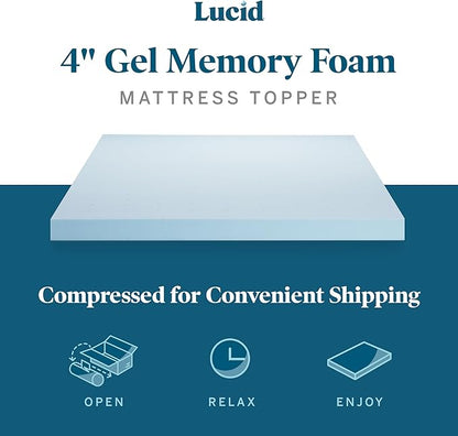 LUCID 4 Inch Gel Memory Foam Mattress Topper-Ventilated Design-Ultra Plush-Queen