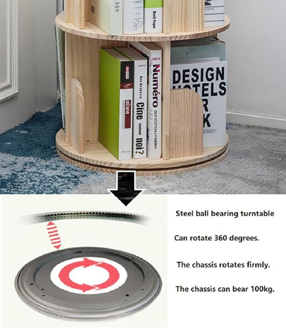 Heehee Wooden Rotating Bookshelf 360 Display Floor Standing Bookcase Storage Rack for Kids&Adults Multi-Functional Bookshelf Organizer (3-Tier)