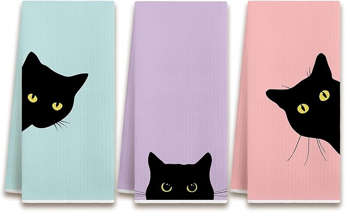 Preppy Black Cat Kitchen Dish Towels, Black Cat Gifts for Women, Dopamine Cute Kitty Kitten Decorative Hand Tea Towels for Bathroom Kitchen, 16x24 Inches Set of 3