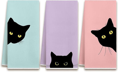 Preppy Black Cat Kitchen Dish Towels, Black Cat Gifts for Women, Dopamine Cute Kitty Kitten Decorative Hand Tea Towels for Bathroom Kitchen, 16x24 Inches Set of 3