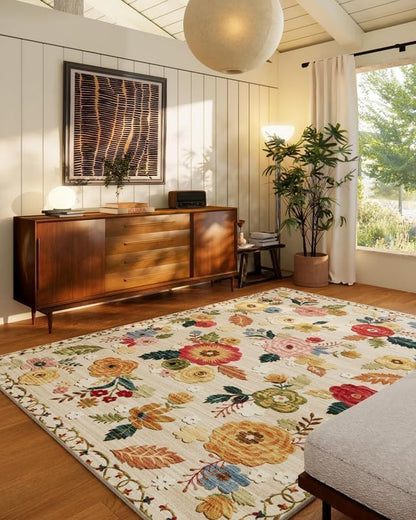 10x14 Area Rug Washable Rugs: Large Living Room Rug Stain Resistant Non Slip Distressed Vintage Floral Rug Low Pile Faux Wool Soft Rugs for Bedroom Bedside Farmhouse Dining Room Kids Playroom Nursery