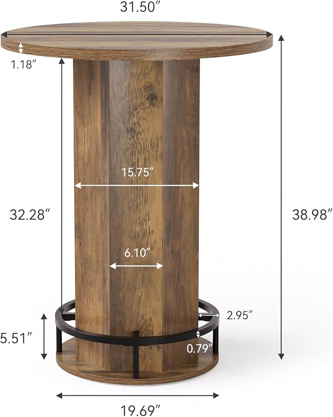 LITTLE TREE Round Bar Table, 39.4" H Wooden Bistro Pub Table with Round Metal Footrest, Small Pub Cocktail Table for Dining Coffee Living Room, Apartment, Balcony, Rustic Brown
