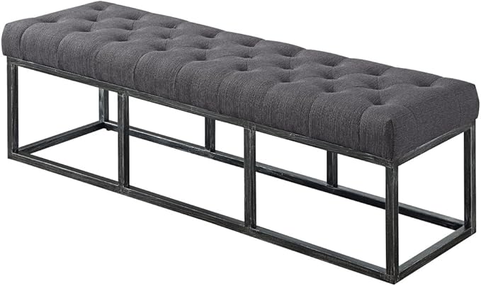 24KF Upholstered Tufted Long Bench with Metal Frame Leg, Linen Bench Ottoman with Padded Seat-Dark Gray