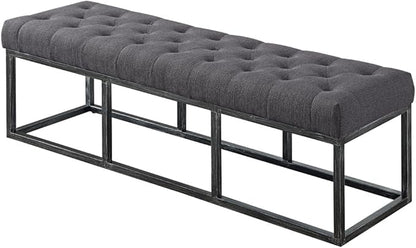 24KF Upholstered Tufted Long Bench with Metal Frame Leg, Linen Bench Ottoman with Padded Seat-Dark Gray