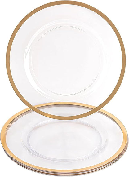 PARTY BARGAINS 13-Inch Charger Plates - 4 Pack, Clear Gold Rim, Heavy-Duty Disposable Chargers for Elegant Dining - Ideal for Weddings and Formal Events