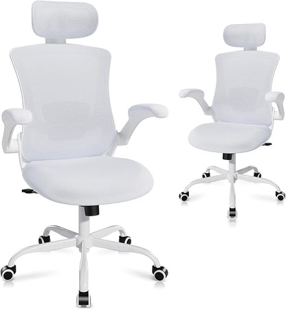 High Back Office Chair with Adjustable Lumbar Support & Headrest, Ergonomic Mesh Desk Chair with Flip-Up Armrests, Breathable & Comfortable Computer Chair for Home, Office & Study, White