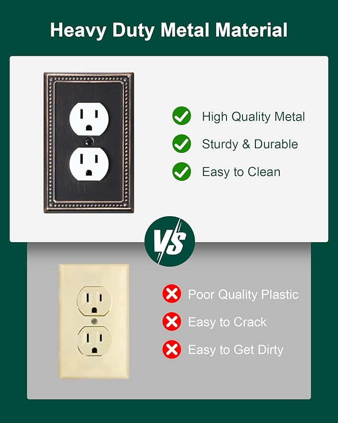2-Pack Duplex Outlet Cover Plate, Aged Bronze Metal Wall Plates for Electrical Outlets, 1 Gang Receptacle Light Switch Cover, Pearls Decorative Switch Plates and Outlet Covers