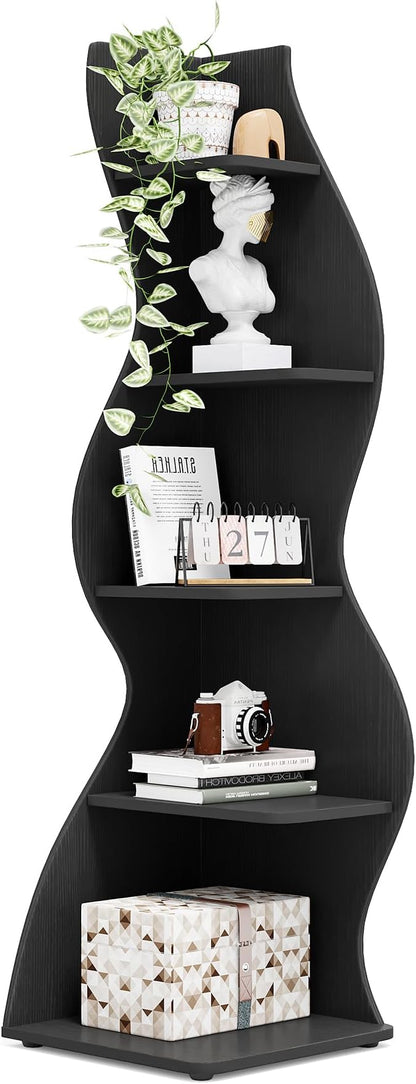 Tribesigns Corner Shelf, Modern 5-Tier Wall Corner Bookshelf, Stylish Corner Small Bookcase Storage Rack Plant Stand with Unique Shape for Living Room, Home Office, (1PC, Black)