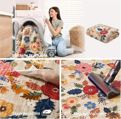 10x14 Area Rug Washable Rugs: Large Living Room Rug Stain Resistant Non Slip Distressed Vintage Floral Rug Low Pile Faux Wool Soft Rugs for Bedroom Bedside Farmhouse Dining Room Kids Playroom Nursery