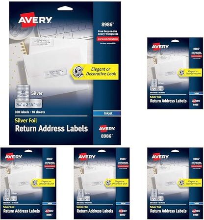 Avery Printable Return Address Labels, 0.75" x 2.25", Silver Foil, 300 Blank Mailing Labels (08986) (Pack of 5)