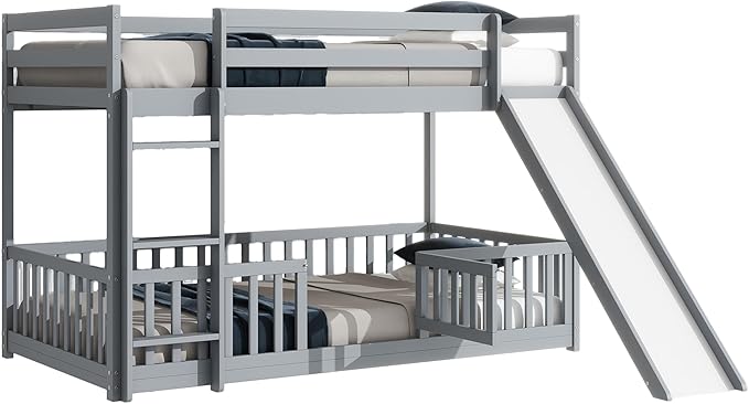 Ball & Cast Bunk Bed Twin Over Twin with Storage Staircase & Slide,Pine Solid Wood Bunk Bed Frame with Safety Guardrails,Floor Bunk Beds for Kids,Teens,No Box Spring Needed,Grey