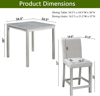 KEIKI 5-Piece Counter Height Dining Table Set with Square Table and 4 Upholstered Chair, for 4 Person, Modern Crystal Decoration Wooden Table Set, Easy Assembly, for Kitchen, Dining Room, Silver Grey
