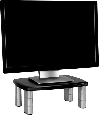 3M Adjustable Monitor Stand, Three Leg Segments Simply Adjust Height from 1" to 5 7/8", Sturdy Platform Holds Up to 80 lbs, 11-inch Space Between Columns for Storage, Silver/Black (MS80B)