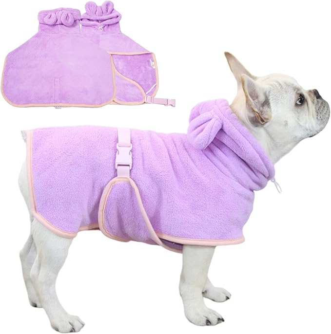 Pet Bathrobe for Dog Cat Absorbently Quick Drying Coat Cute Dogs Bath Towel Hooded Robe Adjustable Collar & Belly Strap for Pool Beach (Purple, X-Large)