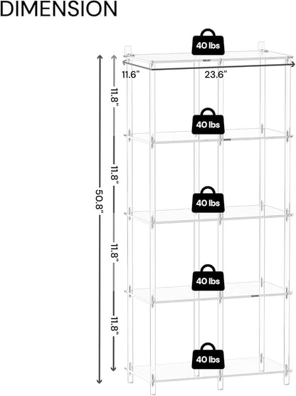 5-Tier Acrylic Bookshelf with 8 Cube Storage, Clear Bookcase for Home Office, Mordern, Multifunctional Open Book Shelves for Living Room, Bedroom, 50.8" H, Easy Assembly