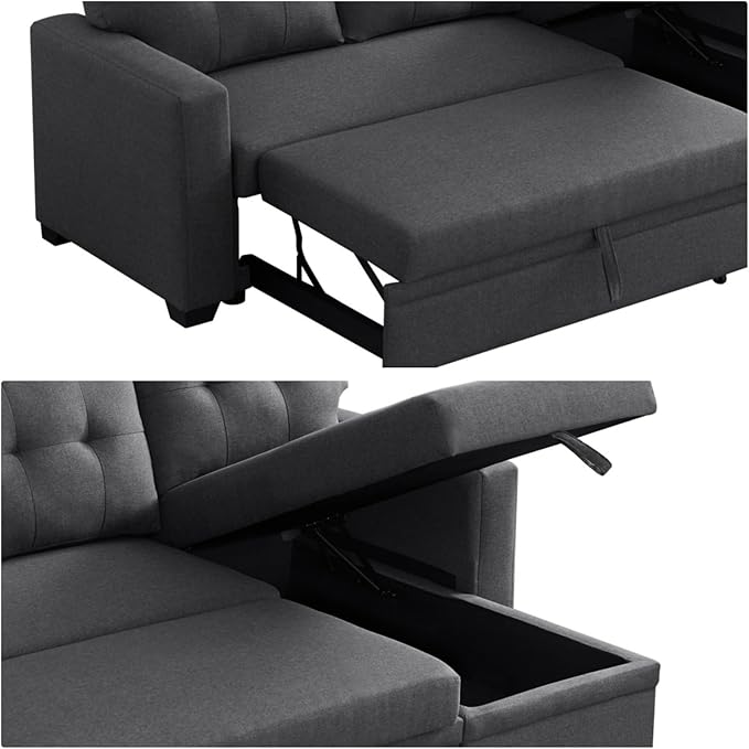 L-Shape Sofa Bed, 82" Sectional Couch with Storage Chaise, Pull Out Sleeper Sofa with Removable Back Cushions, Convertible Corner Couch for Living Room Apartment, Dark Gray