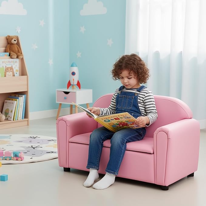 Costzon Kids Couch, 2 in 1 Double Seat Children's Sofa w/Under Seat Storage, PU Leather Surface, Toddler Armrest Chair, Kids Room, Soft Children Pink Sofa with Storage for Preschool Baby Girls Gifts