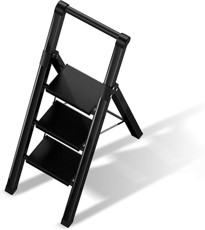 3 Step Ladder,Folding Step Stool with Aluminum Wide Pedal& Convenient Handgrip,330lbs Capacity Steel Ladder for Household and Office(Black)