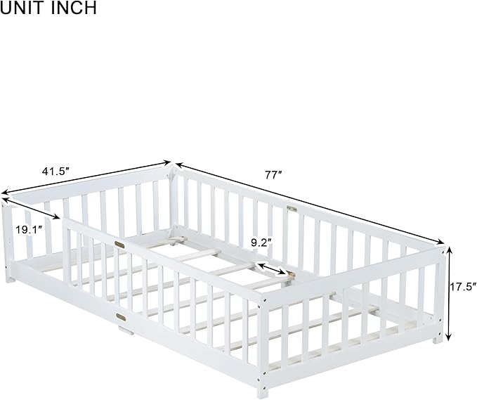 Bellemave Twin Floor Bed with Slats and Safety Guardrails, Kids Montessori Floor Beds with Fence and Without Door, Easy Assemble Floor Bed for Kids, Girls, Boys, White