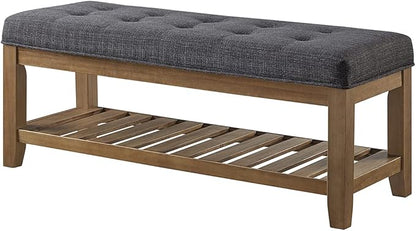 24KF Large Rectangular Upholstered Tufted Linen Fabric Ottoman Bench, Padded Bench with Solid Wood Shelf-Charcoal