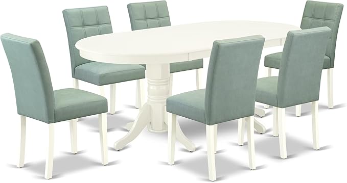East West Furniture VAAS7-LWH-43 7 Piece Dining Set consists A Mid Century Dining Table and 6 Willow Green Polyester Fabric Modern Dining Chairs, Linen White
