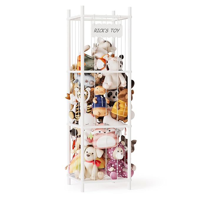 SpaceAid Stuffed Animal Storage Organizer, Wood Animals Zoo Toy Plushies Storage Holder, Large Capacity Plush Toy Cage for Playroom Organization, 15.8" Wide, White