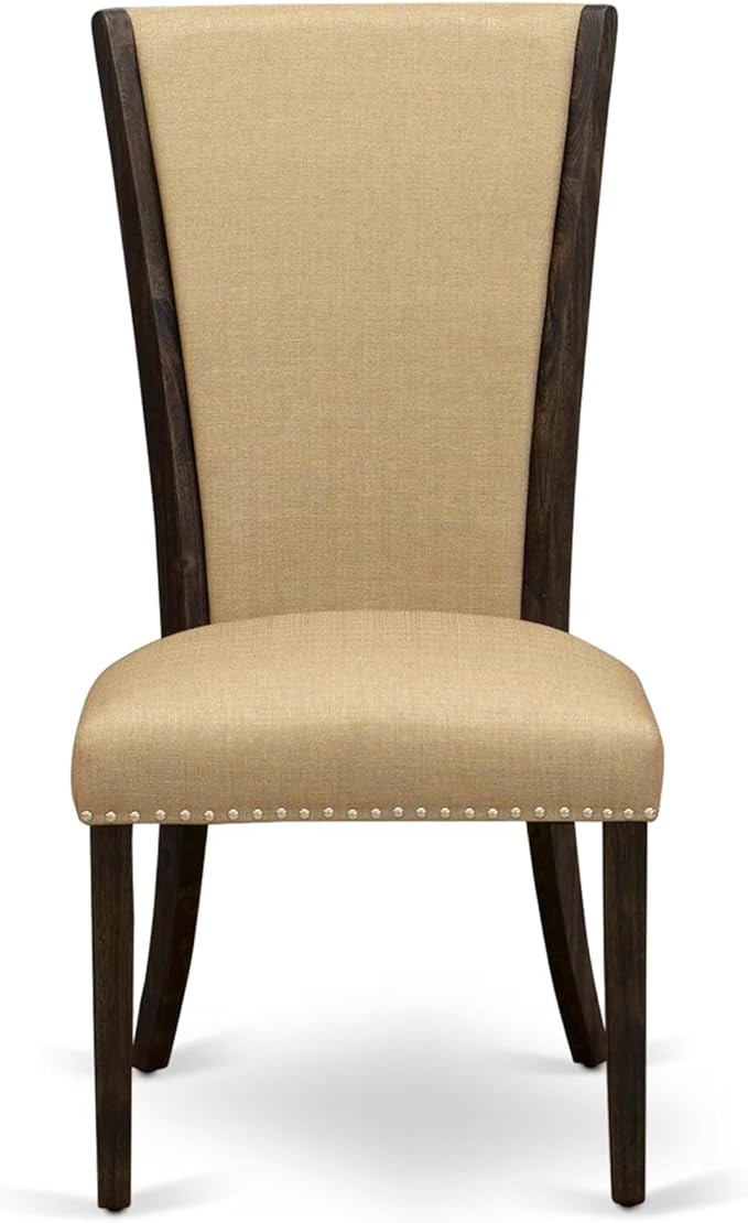 East West Furniture V727VE703-9 9 Piece Kitchen Table Set Includes a Rectangle Dining Table with V-Legs and 8 Brown Linen Fabric Parson Dining Room Chairs, 40x72 Inch, Multi-Color