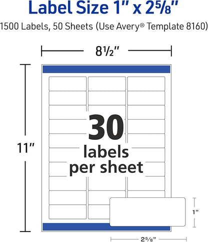 Avery Easy Peel Printable Address Labels with Sure Feed, 1" x 2-5/8" Customizable Stickers, White, 1,500 Blank Mailing Labels, Great for Mailing, Shipping, and More (2-Pack of 08160)