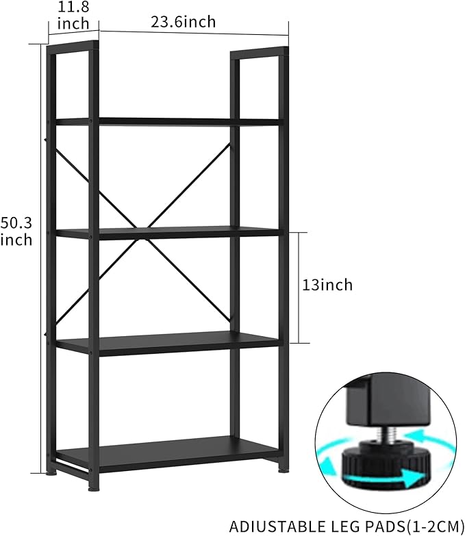 VERMESS 4 Tier Bookshelf, Tall Book Shelf, Vintage Industrial Bookcase with Open Display Shelves, Wood Storage Shelving Unit Metal Frame Standing Bookshelves for Bedroom/Home/Office, Black