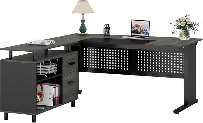 Tribesigns 63 Inch Executive Desk with File Cabinet, Large Office Desk L Shaped Computer Desk with Drawers and Storage Shelves, Business Furniture Desk Workstation for Home Office, Gray and Black