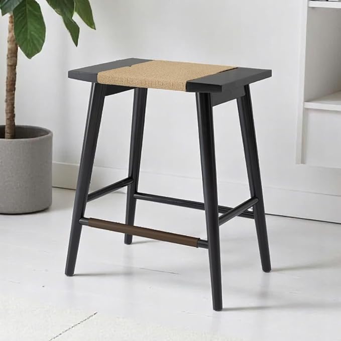 Thor Wicker Counter Height Wooden Counter Stool with Hand-Knitted Rope, K/D, Backless Island 24" Wicker Stool for Kitchen, Solid Wood, Eco-Friendly, Modern Design