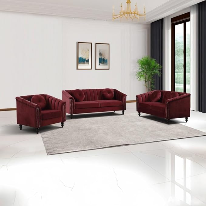 Sectional Sofa Set, Microfiber Chesterfield Upholstered Sofas Loveseat Couch Chair Sets with Style Button Tufted, Scroll Arms and Nailhead for Living Room, Office, Apartment-Red,S
