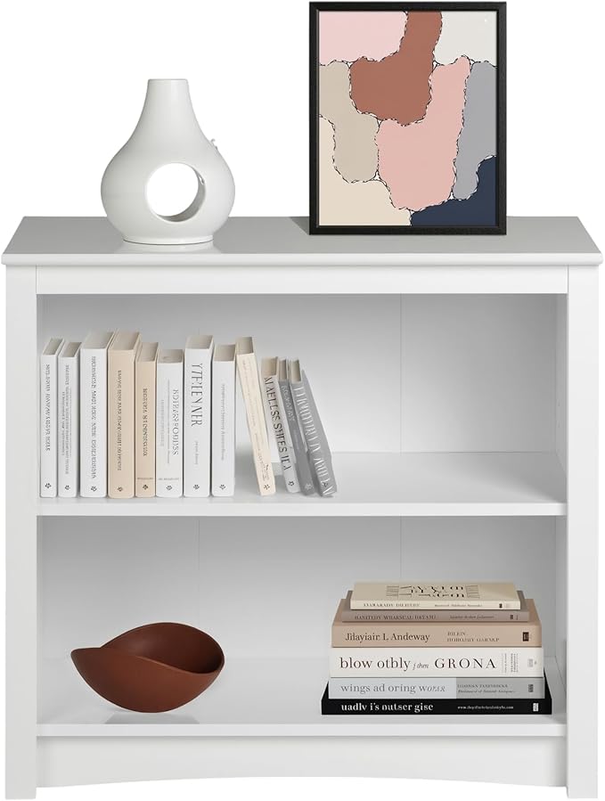 Prepac Sonoma 2-Tier Bookcase 29"H with 1 Adjustable Shelf, White Storage Cabinet, Modern Display Cabinet, Bookshelf with Storage Shelves for Home Office, Living Room, Bedroom Organizer