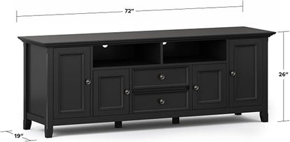 SIMPLIHOME Amherst 72-inch Wide Solid Wood TV Stand in Black, Transitional-Style Media Console for Living Room with Cable Management and Adjustable Shelves, Fits 80" TVs