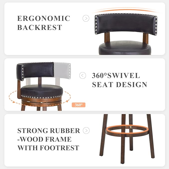 COLAMY Swivel Counter Height Bar Stools Set of 3, 30 Inch Modern Upholstered Kitchen Island Barstools with Back, Wood Swivel Bar Chairs for Counter Bar Dining Room, Dark Brown