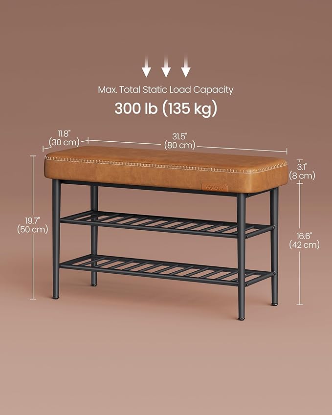 VASAGLE EKHO Collection - Shoe Rack Bench, Storage Bench for Entryway, Synthetic Leather with Stitching, Mid-Century Modern, Loads 300 lb, 11.8 x 31.5 x 19.7 Inches, Caramel Brown ULSB054K01
