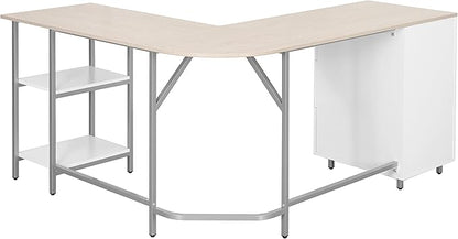 Techni Mobili L Shaped Desk - Two-Toned Computer Desk with Drawers & Storage Shelves - Simple Modern Furniture & Home Office Space Corner Table for Work & Writing