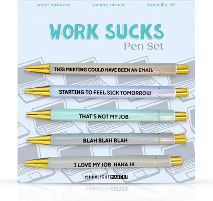 Moonlight Makers Funny Pens and Notepad Stationery Set - Set of 5 Work Sucks Engraved Ballpoint Pens with Black Ink, Fires To Put Out Notepad, Cute Desk Supplies & Funny Work Gifts for Women