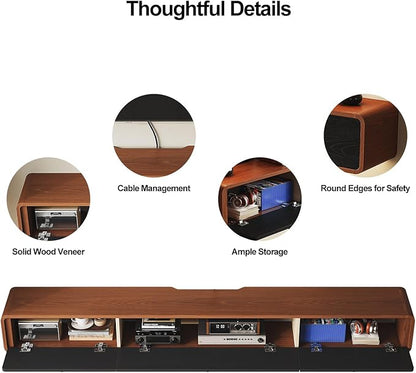 Minimalist 70'' Floating TV Stand with 3 Doors,Solid Wood Wall Mounted TV Console,Floating Entertainment Center with Hidden Storage,Curved Round Edges,Natural Wood Finish(Walnut)