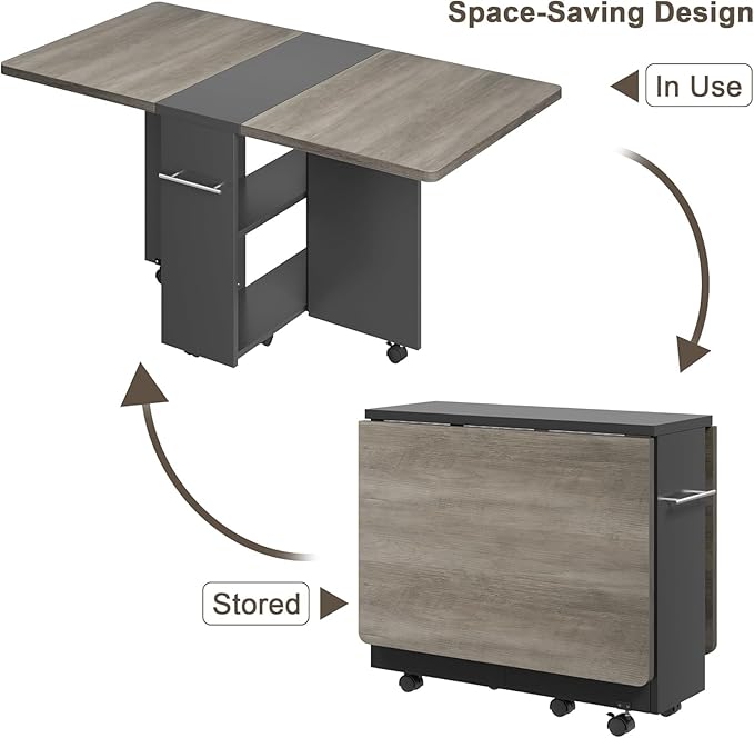 GarveeHome Folding Dining Table, Space Saving Farmhouse Dining Table for 4 Storage Shelf, 6 Wheels Multipose Expandable Kitchen Drop Leaf Table for Small Space (Carlo Grey, 47.2"D x 23.6"W x 29.5"H)