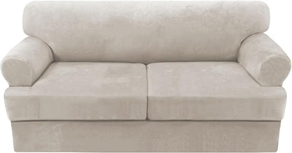 H.VERSAILTEX Sofa Cover 3 Piece T Cushion Sofa Slipcovers Thick Velvet Couch Cover Stretch T Cushion Sofa Covers for 2 Cushion Couch with 2 Individual T Cushion Covers, French Oak
