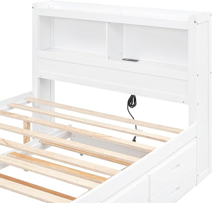 Full Size Pine Wood Platform Bed with Trundle,Drawers,2 Ports and 2 USB Plugs,Storage Bed with Pull Out Shelves,No Box Spring Needed,Perfect for Adults,Teens Bedroom Furniture,White