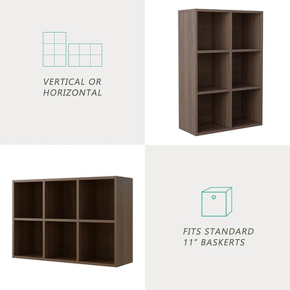6-Cube Storage Shelf Bookcase - Wooden 3-Tier Floor Standing Open Bookshelf for Home and Office, Cuby Orgainzer, Walnut