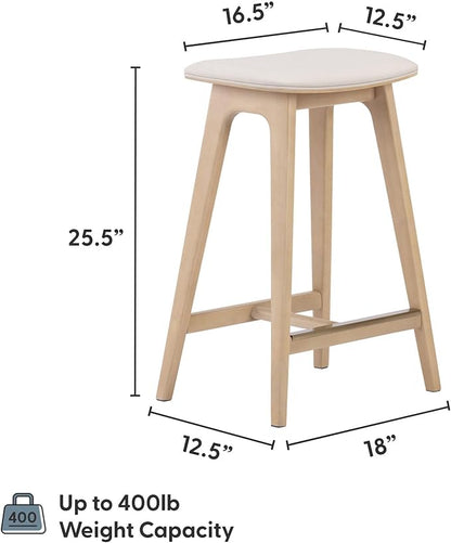 Plank+Beam Beryl Counter Height Stool - Mid-Century Modern Rubberwood Bar Stool with Faux Leather Seat, Metal Footrest, Easy Assembly, 2-Pack, Blonde/Sesame