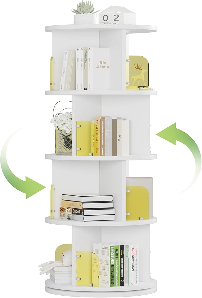 VECELO 4-Tier Rotating Bookshelf, Small Corner Bookshelf for Small Space, 360 Display Floor Standing Bookcase Storage Rack, Wood Narrow Book Shelf Organizer for Bedroom, Living Room, White